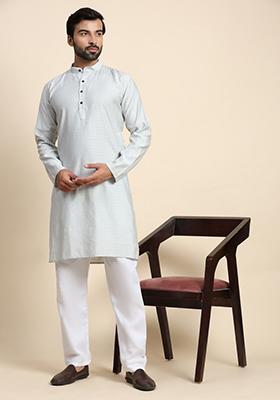 Light Grey Self Weaved Viscose Rayon Kurta For Men