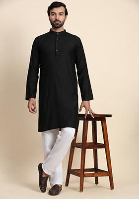 Black Self Weaved Viscose Rayon Kurta For Men