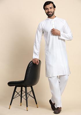 White Self Weaved Viscose Rayon Kurta For Men