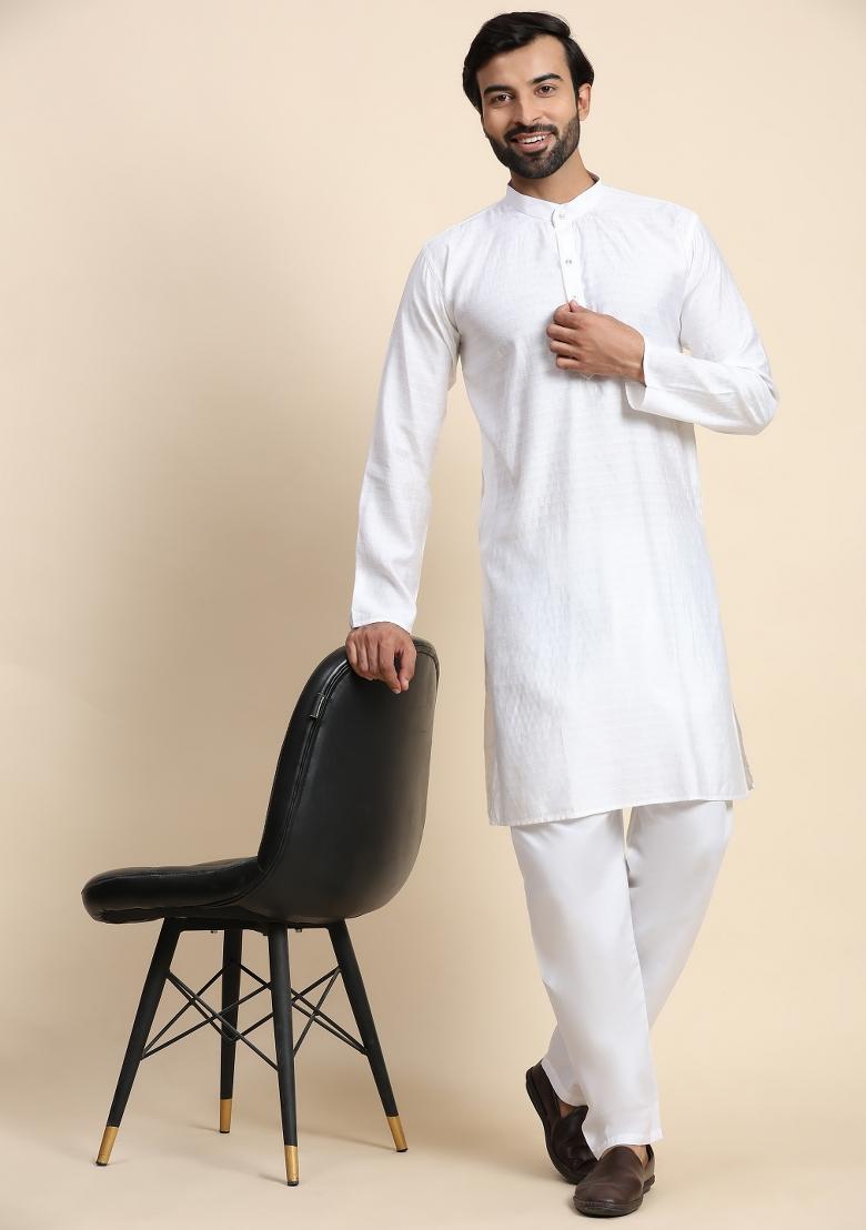 White Self Weaved Viscose Rayon Kurta For Men