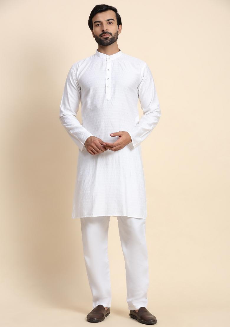 White Self Weaved Viscose Rayon Kurta For Men