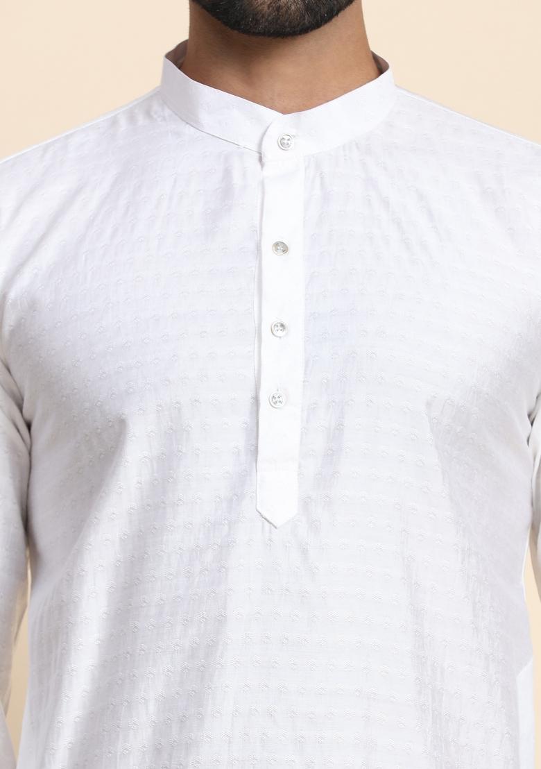 White Self Weaved Viscose Rayon Kurta For Men