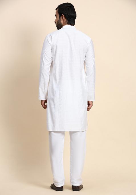 White Self Weaved Viscose Rayon Kurta For Men