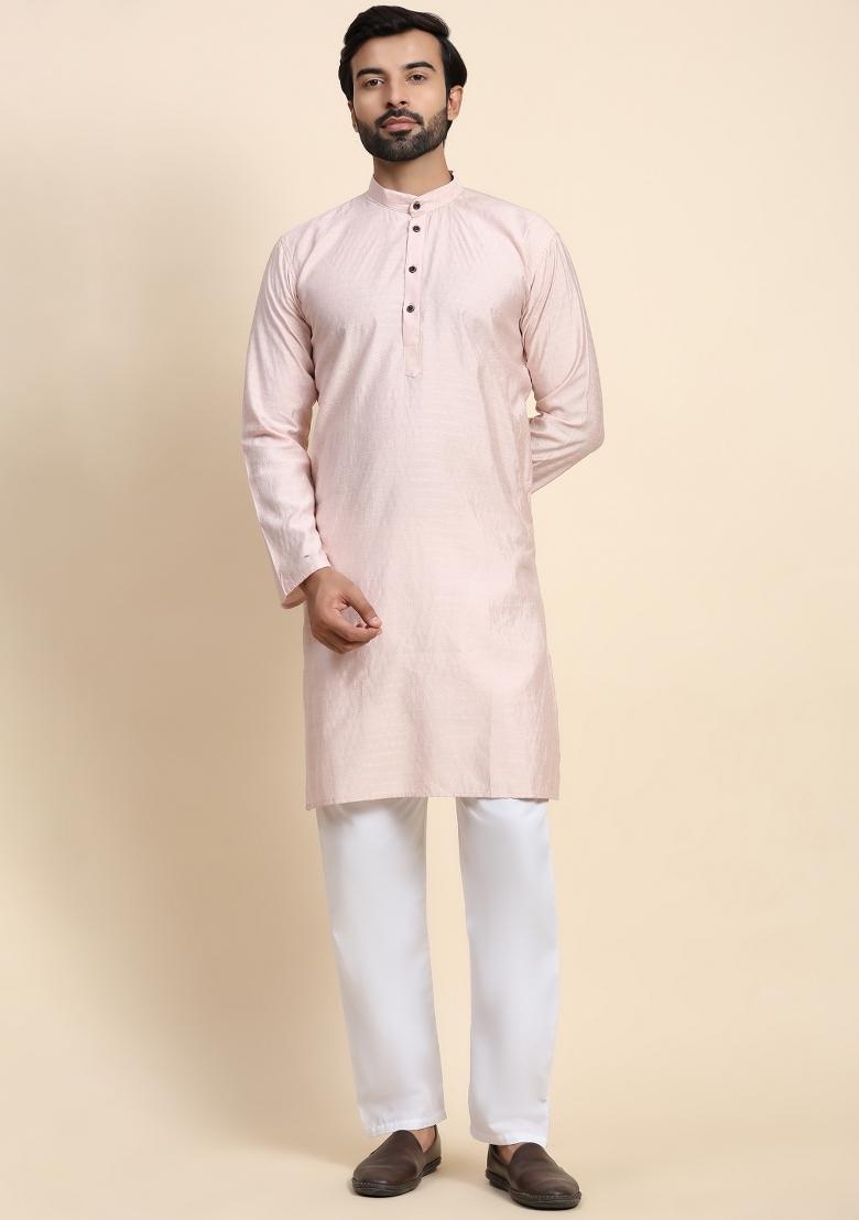 Pink Self Weaved Viscose Rayon Kurta For Men