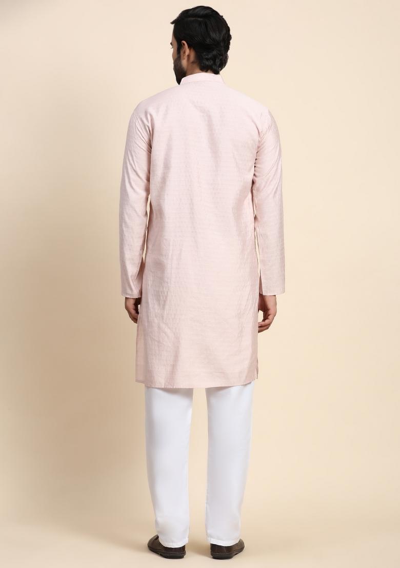 Pink Self Weaved Viscose Rayon Kurta For Men