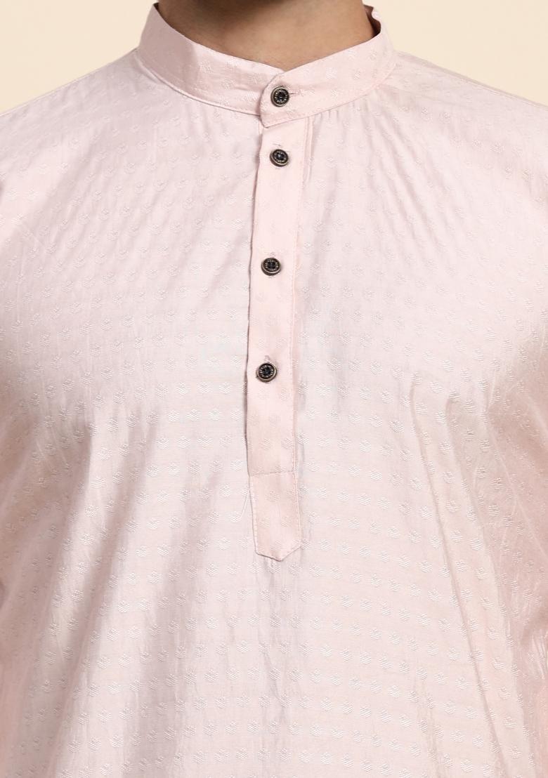 Pink Self Weaved Viscose Rayon Kurta For Men