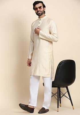 Cream Self Weaved Viscose Rayon Kurta For Men