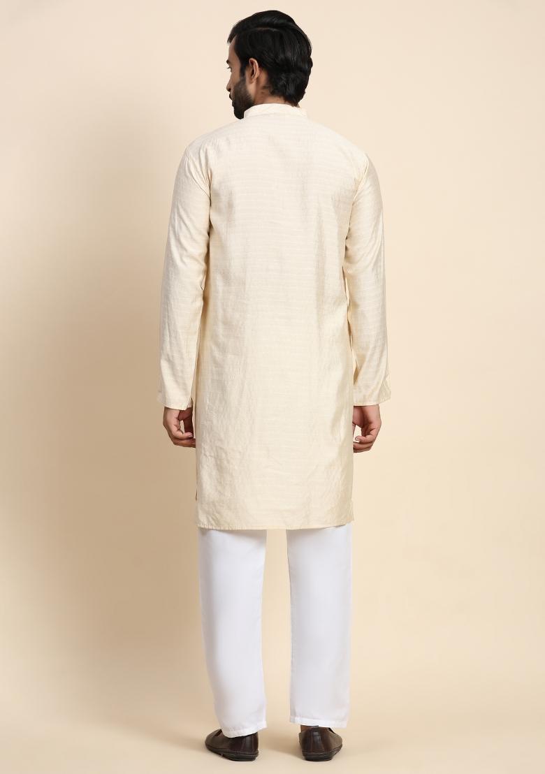 Cream Self Weaved Viscose Rayon Kurta For Men