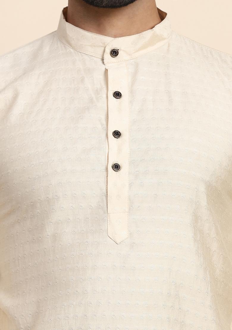 Cream Self Weaved Viscose Rayon Kurta For Men