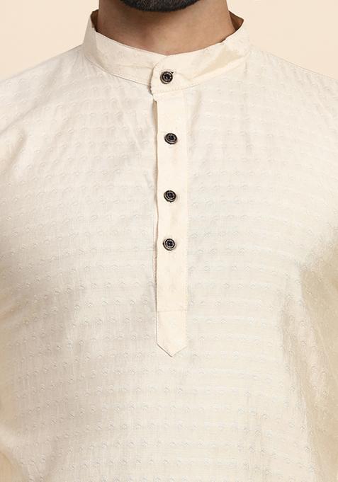 Cream Self Weaved Viscose Rayon Kurta For Men