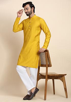 Mustard Yellow Self Weaved Viscose Rayon Kurta For Men