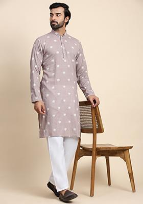 Lilac Weaved Motif Pure Cotton Kurta For Men