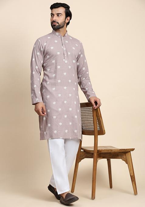 Lilac Weaved Motif Pure Cotton Kurta For Men