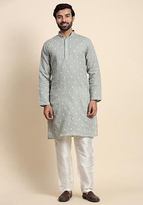 Green Weaved Motif Pure Cotton Kurta For Men