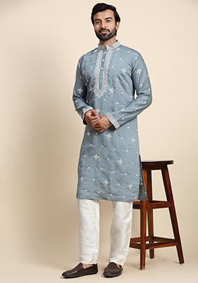 Blue Embroidered Silk Kurta For Men