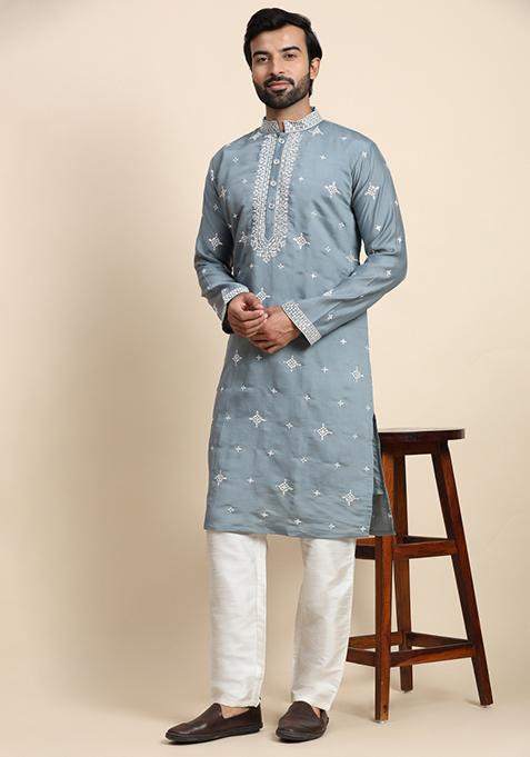 Blue Embroidered Silk Kurta For Men