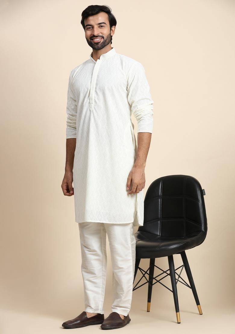 Off White Weaved Motif Georgette Kurta For Men