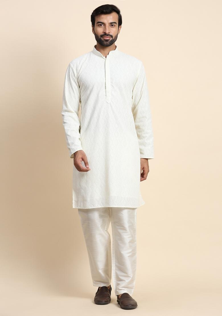 Off White Weaved Motif Georgette Kurta For Men