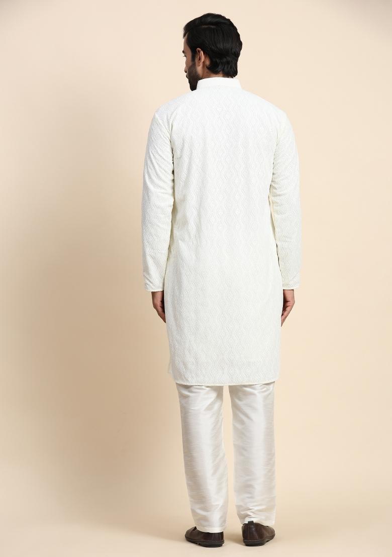 Off White Weaved Motif Georgette Kurta For Men