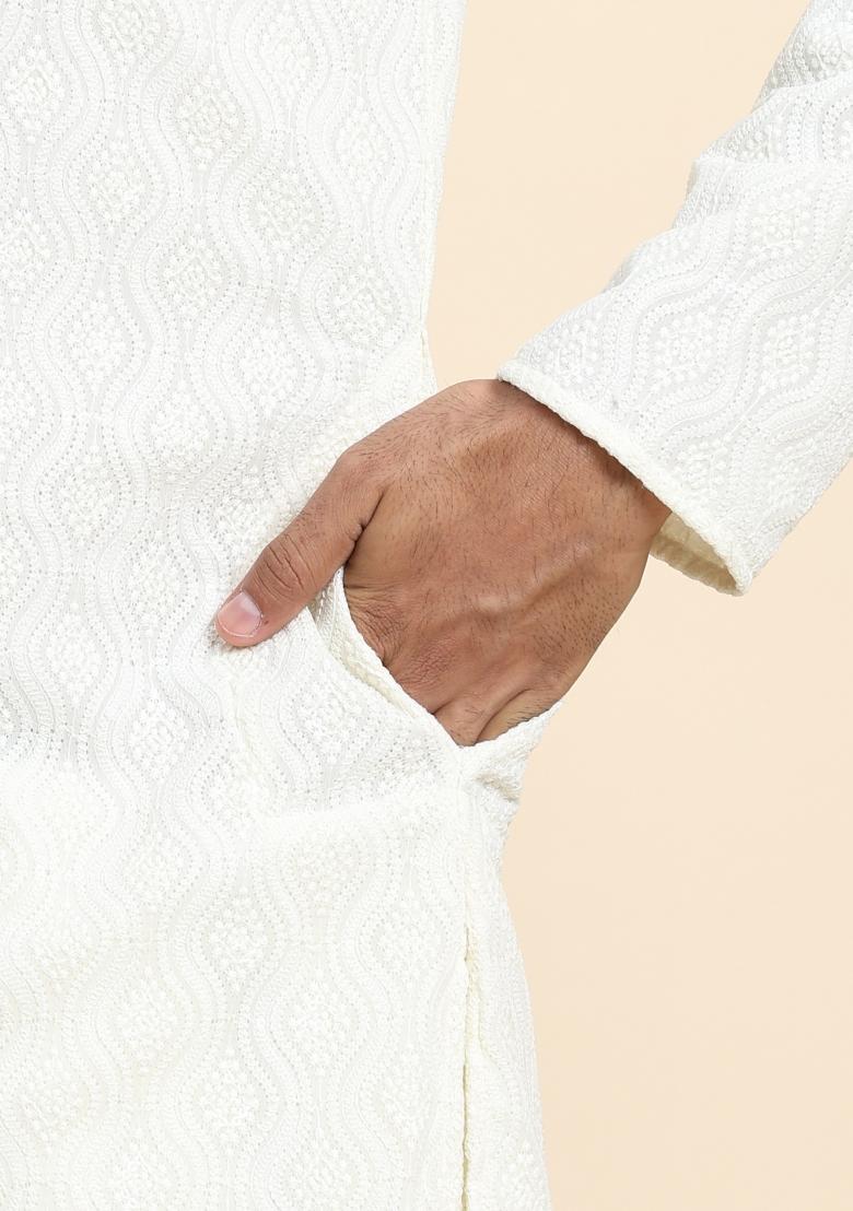 Off White Weaved Motif Georgette Kurta For Men