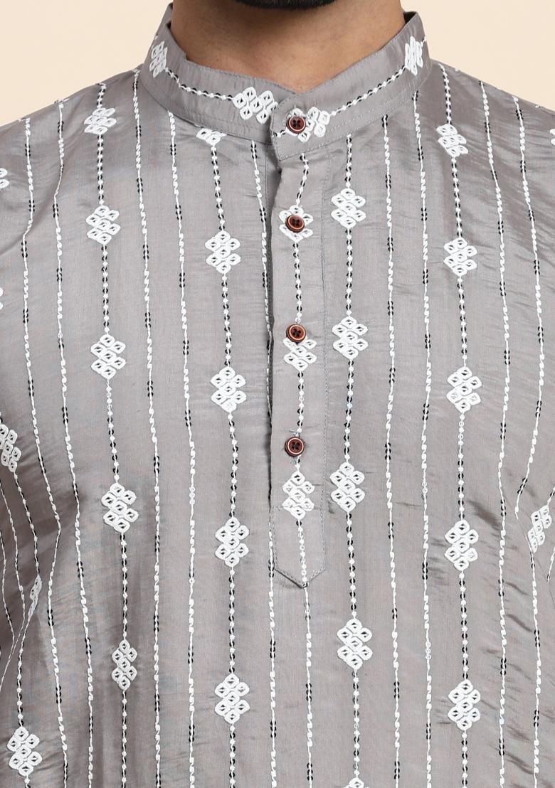 Grey Weaved Motif Viscose Rayon Kurta For Men