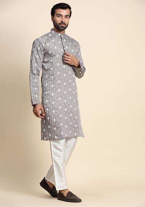 Grey Weaved Motif Viscose Rayon Kurta For Men