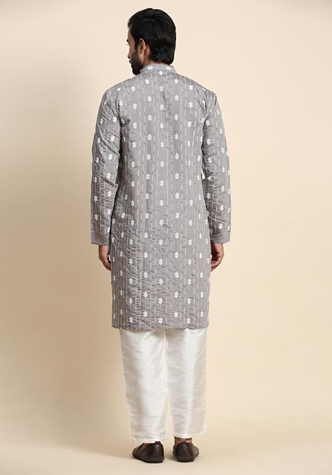 Grey Weaved Motif Viscose Rayon Kurta For Men