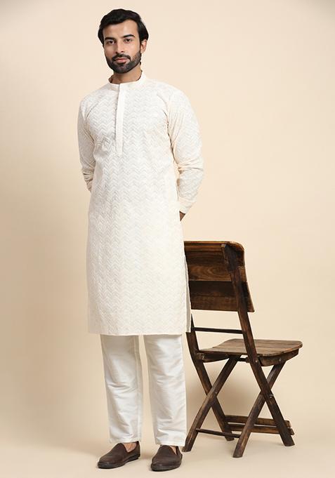 Cream Chikankari  Cotton Kurta For Men