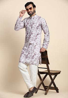 Grey Embroidered Viscose Rayon Kurta For Men