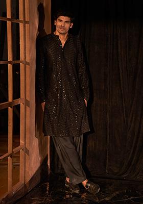 Black Embroidered Pure Cotton Kurta For Men