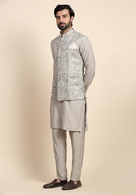Grey Embroidered Viscose Rayon Nehru Jacket  Set For Men