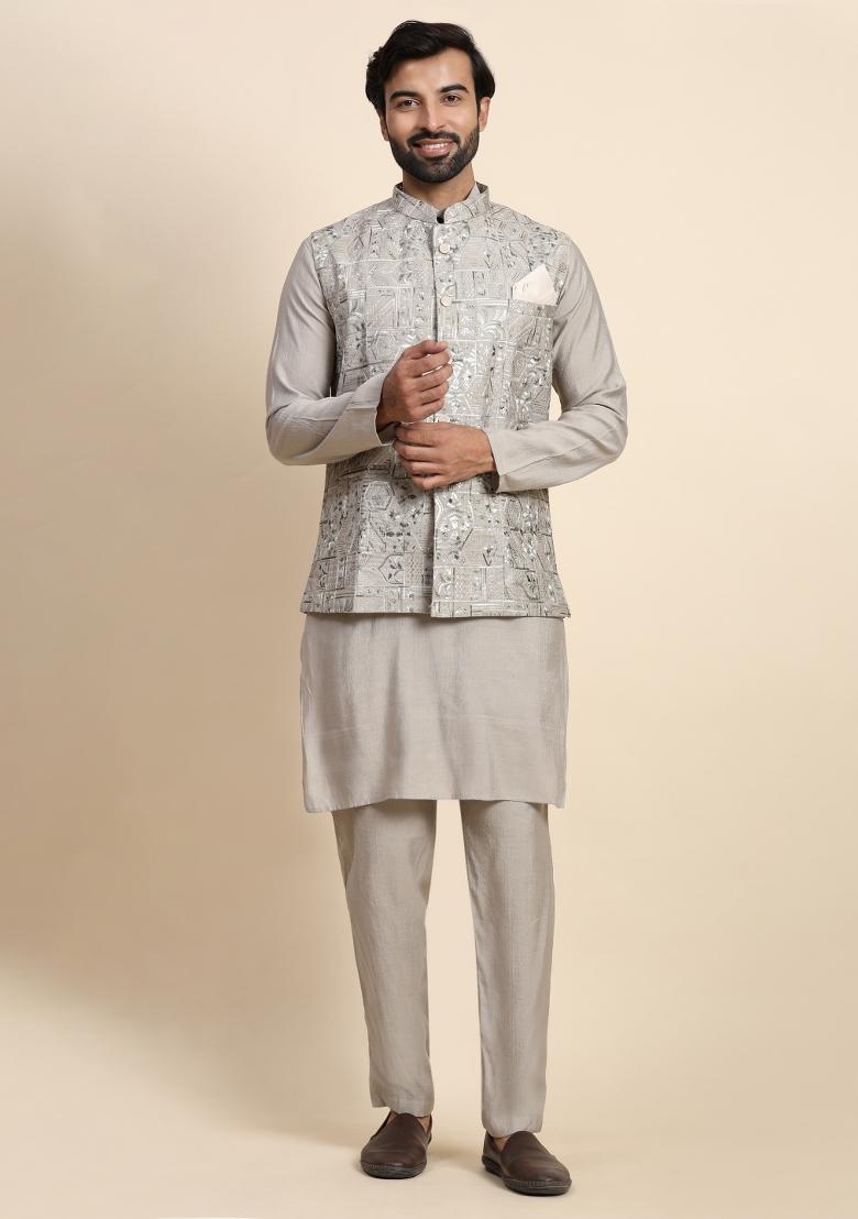 Grey Embroidered Viscose Rayon Nehru Jacket Set For Men