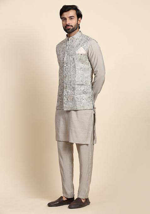 Grey Embroidered Viscose Rayon Nehru Jacket  Set For Men