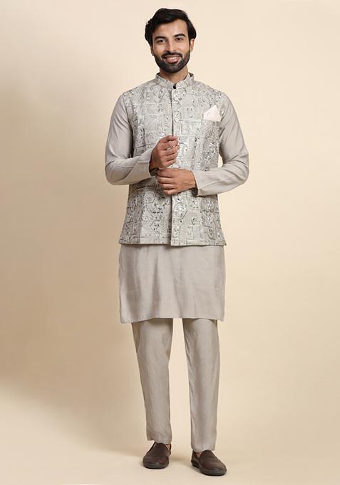 Grey Embroidered Viscose Rayon Nehru Jacket Set For Men