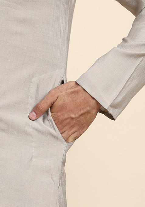 Grey Embroidered Viscose Rayon Nehru Jacket Set For Men