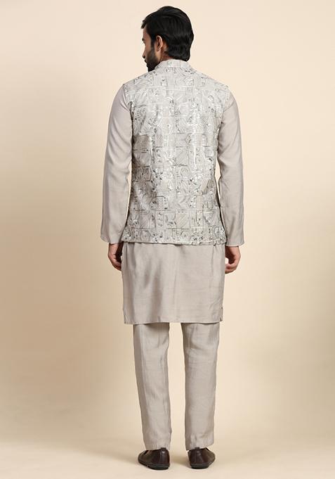 Grey Embroidered Viscose Rayon Nehru Jacket Set For Men