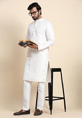 White Jacquard Embroidered Kurta Set For Men