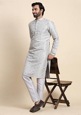 Grey Jacquard Print Kurta Set For Men