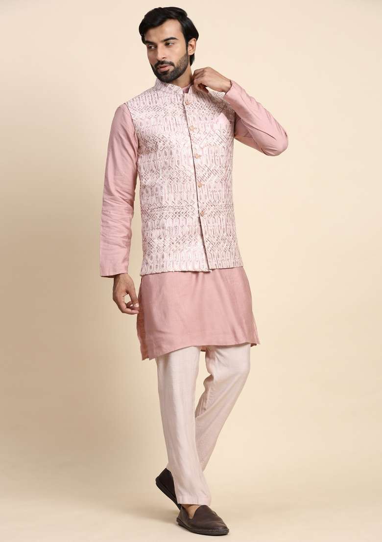 Pink  Embroidered Viscose Rayon Nehru Jacket  Set For Men - Indya