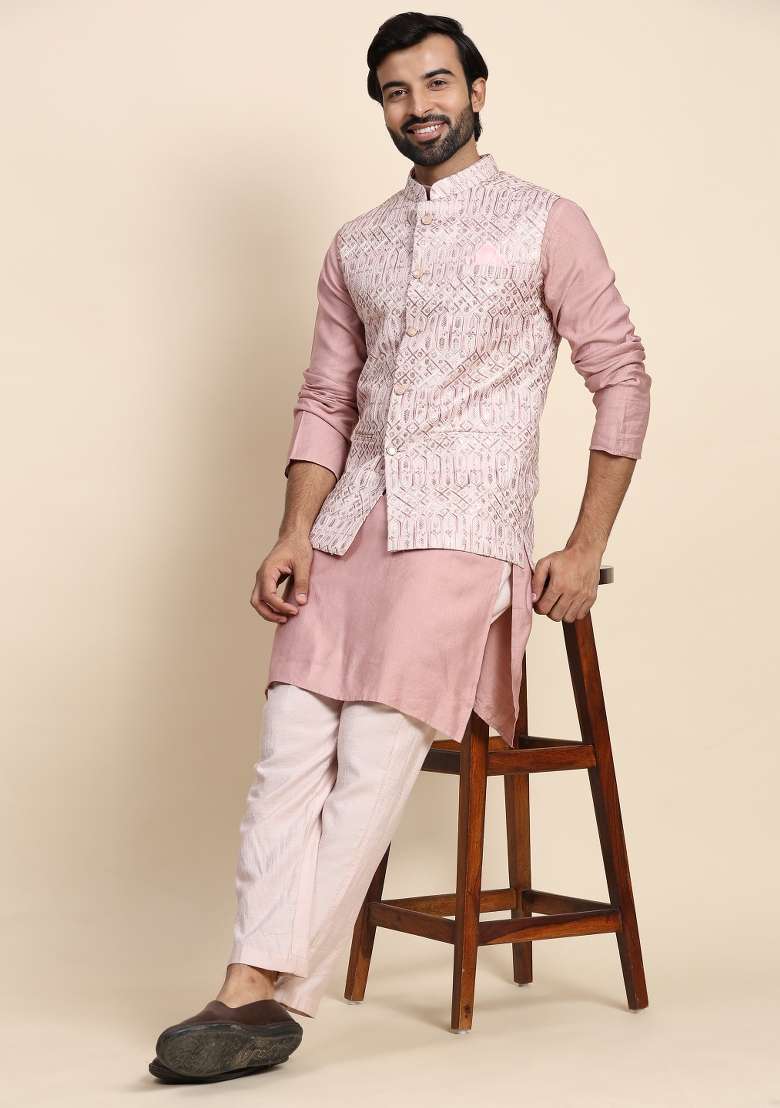 Pink  Embroidered Viscose Rayon Nehru Jacket  Set For Men - Indya