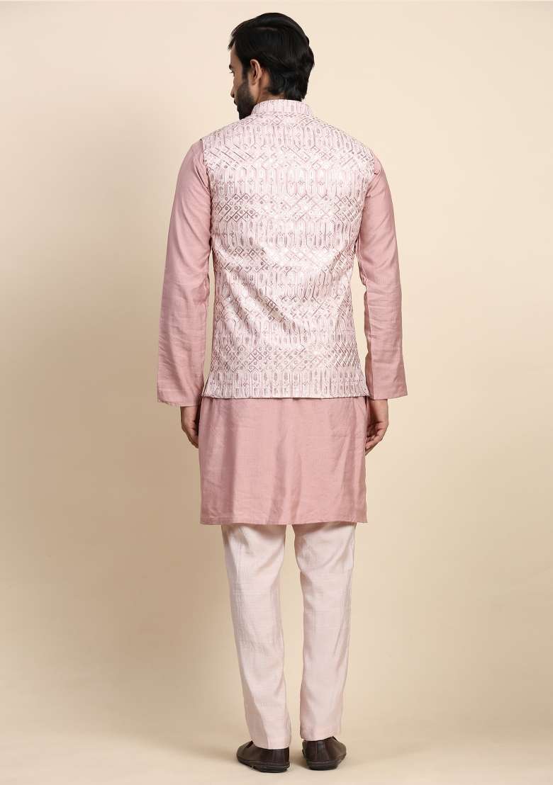 Pink  Embroidered Viscose Rayon Nehru Jacket  Set For Men - Indya