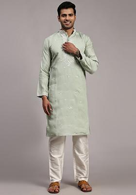 Light Green Embroidered Silk Kurta For Men