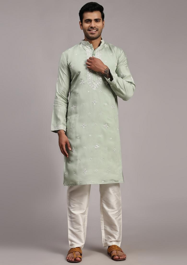 Light Green Embroidered Silk Kurta For Men