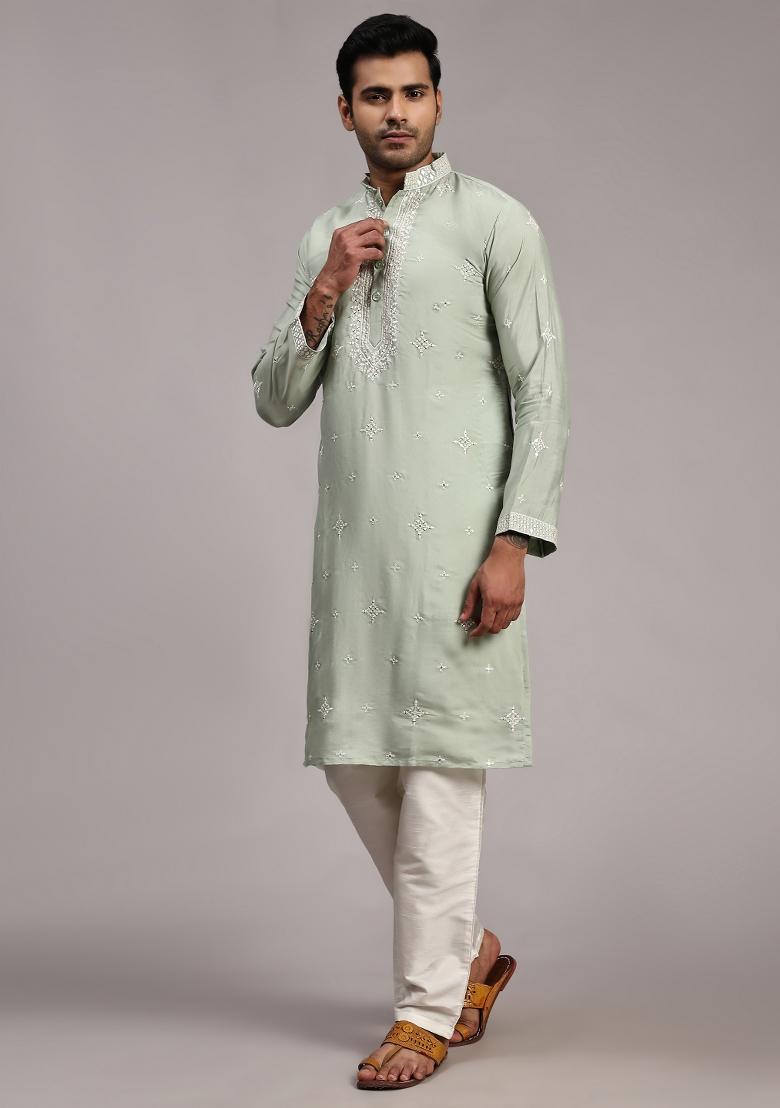 Light Green Embroidered Silk Kurta For Men