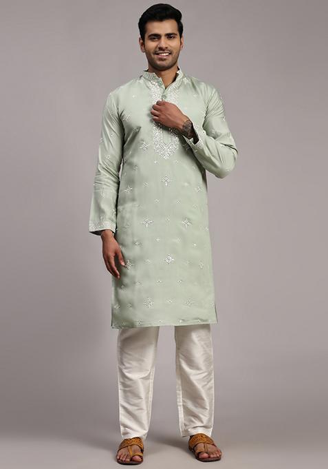 Light Green Embroidered Silk Kurta For Men