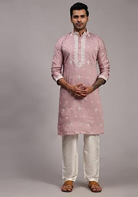 Pink  Embroidered Silk Kurta For Men