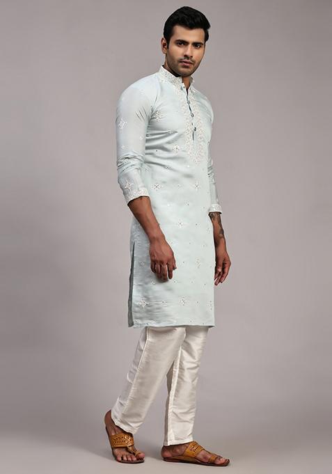 Light Blue Embroidered Silk Kurta For Men