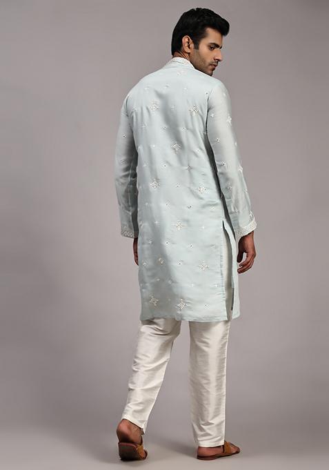 Light Blue Embroidered Silk Kurta For Men