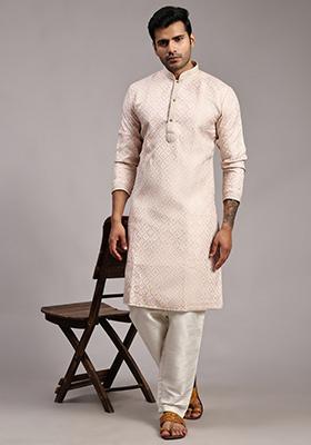 Pink  Jacquard Viscose Jacquard Kurta For Men