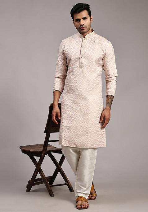 Pink  Jacquard Viscose Jacquard Kurta For Men
